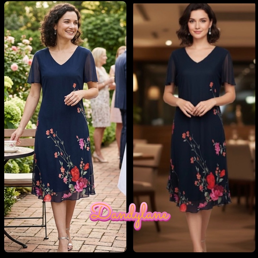 Donna Ricco New York Black Floral  Chiffon Dress V Neck short Sleeves Si…